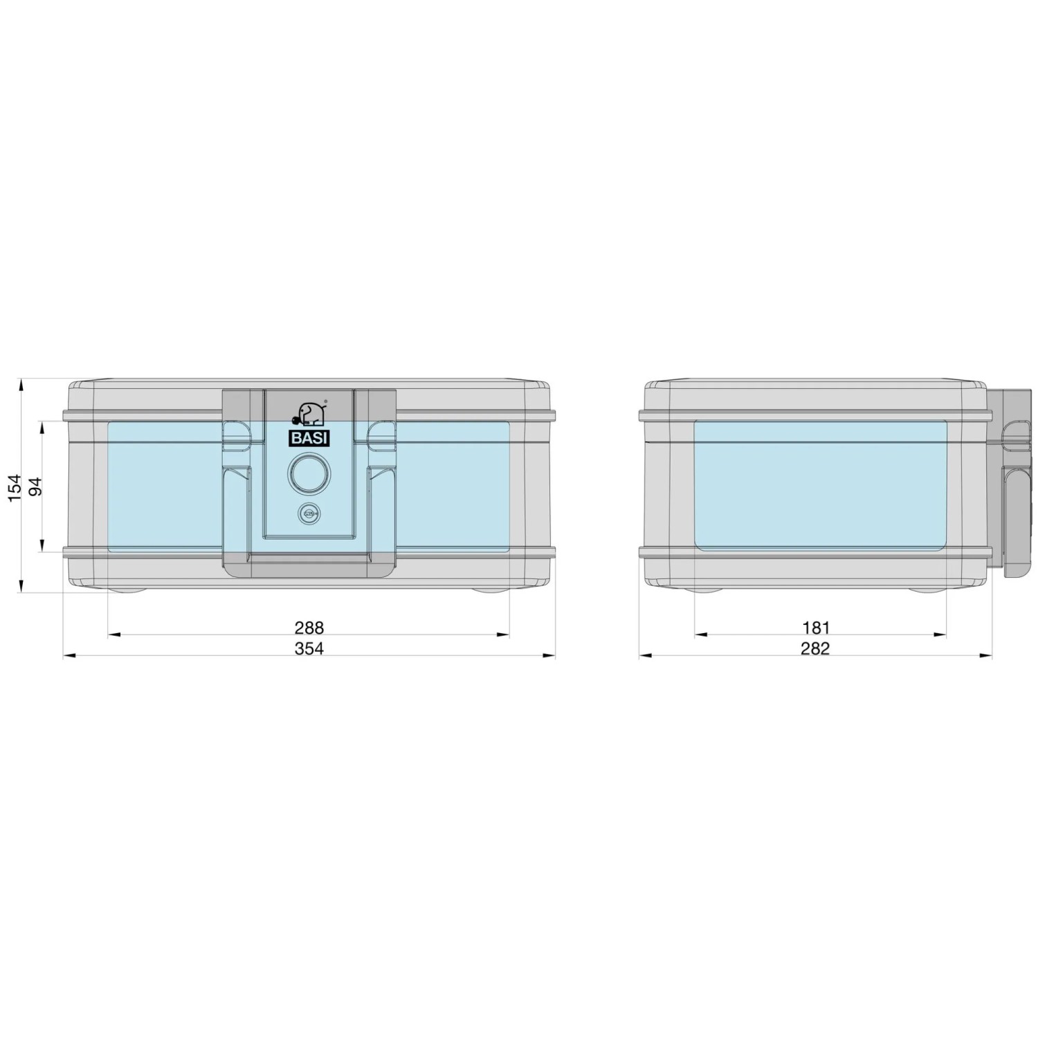 Basi Dokumentenbox DB 210S, feuer- und wasserfest, mit Maßangaben.
