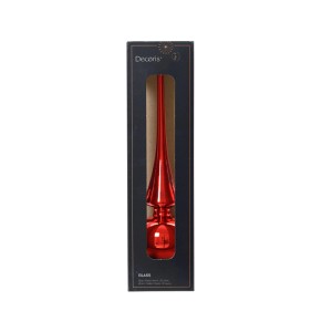 Rote, glänzende Decoris Glas-Baumspitze (26 cm) in schlanker Form, für Weihnachtsbaum, in schwarzer Verpackung.