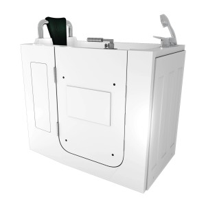 Weiße AquaVapore Sitzbadewanne S08-B-L 110x68cm mit Tür, Armaturen und Nackenstütze.