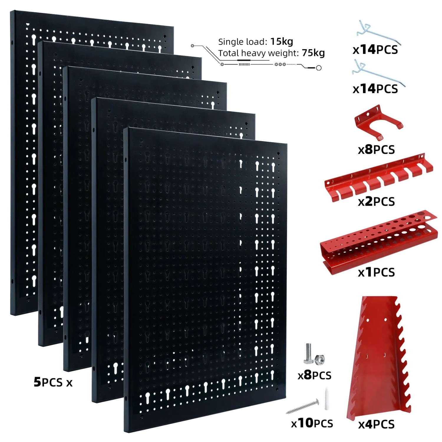 CCLIFE 5-teilige schwarze Metall-Lochwand mit 66tlg. rotem Zubehör, Haken und Haltern für Werkstatt & Garage.
