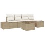 6-teiliges Garten-Sofa-Set aus braunem Rattan mit beigen Kissen und Tisch.