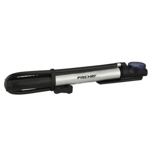 Fischer Mini-Luftpumpe 2-in-1, schwarz-silber, mit Manometer und T-Griff für Fahrradreparatur.
