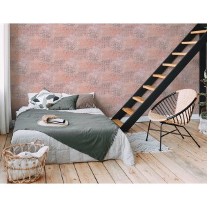 Schlafzimmer mit Metropolitan Stories II Vliestapete Fliese vintage rosé FSC® an der Wand.