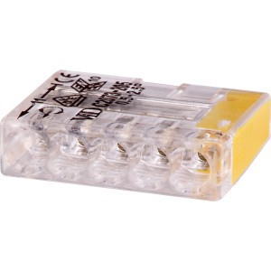 5-polige Steckklemme, transparent mit gelbem Hebel, für Leiter Ø 0,5-2,5 mm.