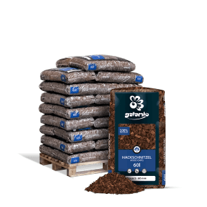 Galamio Holzhackschnitzel, braun, 60l Säcke auf Palette. Dekormulch für den Garten.