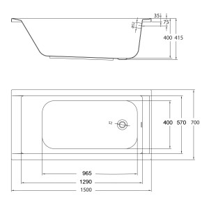 Technische Zeichnung der rechteckigen Badewanne Costa, 150x70 cm, mit Maßangaben.