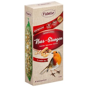 Fidelio Nuss-Stangen, 2 Stück, Wildvogelfutter im Karton mit Vogel-Abbildung.
