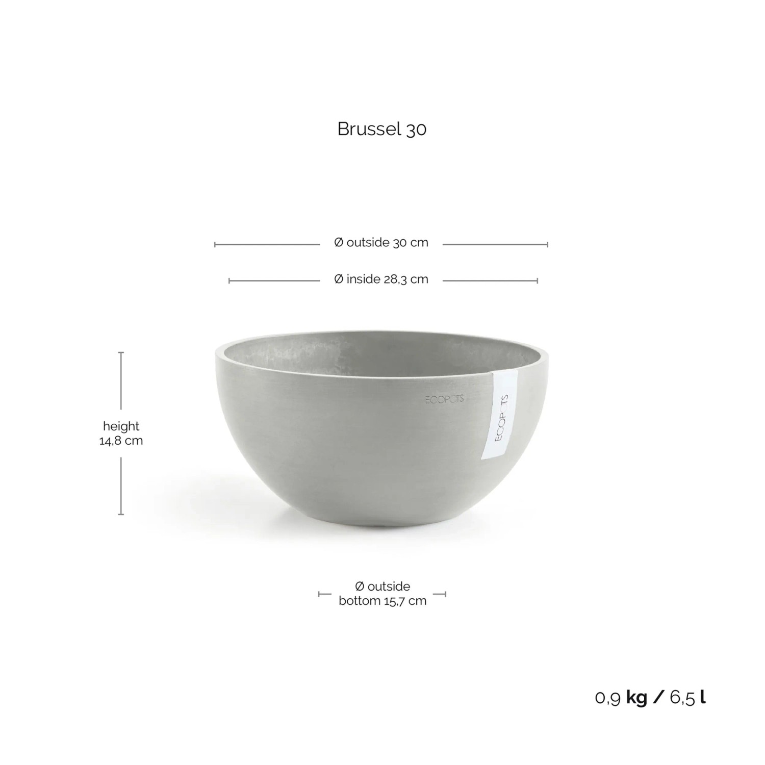 Ecopots Pflanztopf Brussels, weißgrau, 30 cm. Runde Pflanzschale für Innen- & Außenbereich.