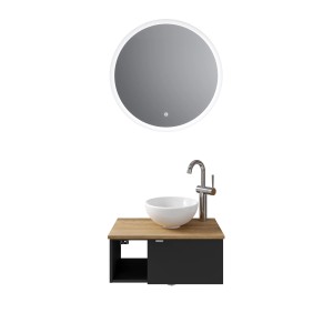 Pelipal Badmöbel-Set mit rundem Spiegel, Aufsatzbecken und Unterschrank in Schwarz und Halifax Eiche.