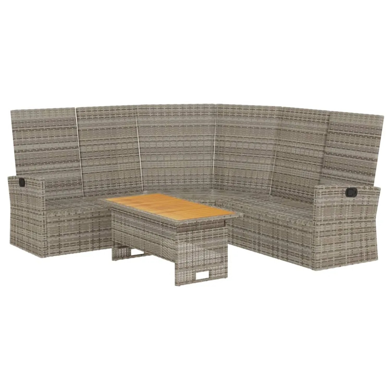 Graues 2-tlg. Garten-Lounge-Set aus Rattan mit Tisch und Ecksofa mit Liegefunktion.