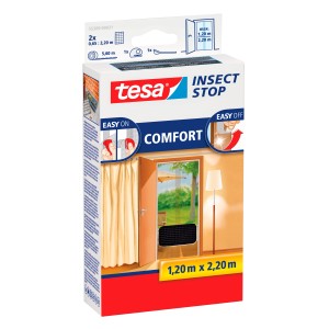 Verpackung des Tesa Fliegengitter Tür Comfort in Anthrazit, 120x220cm mit Klettband.