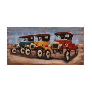 Buntes 3D-Metallbild: Oldtimer Wandbild für Wohnzimmer, Flur oder Büro. Dekoration mit Tiefenwirkung.