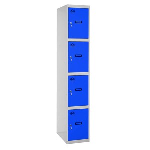 PROREGAL Spind AMEGO, Grundmodul mit 4 Abteilen, grau-blaue Garderobe mit Schließfächern.