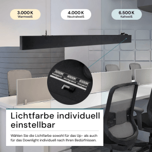 Schwarze LUXULA LED Büroleuchte mit einstellbarer Lichtfarbe (3000K-6500K) für optimale Arbeitsplatzbeleuchtung.