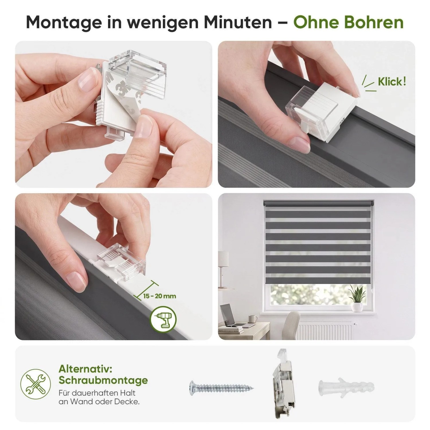 Graues Doppelrollo Klemmfix: Montage ohne Bohren am Fensterrahmen, Schritte gezeigt. Fertiges Rollo mit Seitenzug. Alternative Schraubmontage.