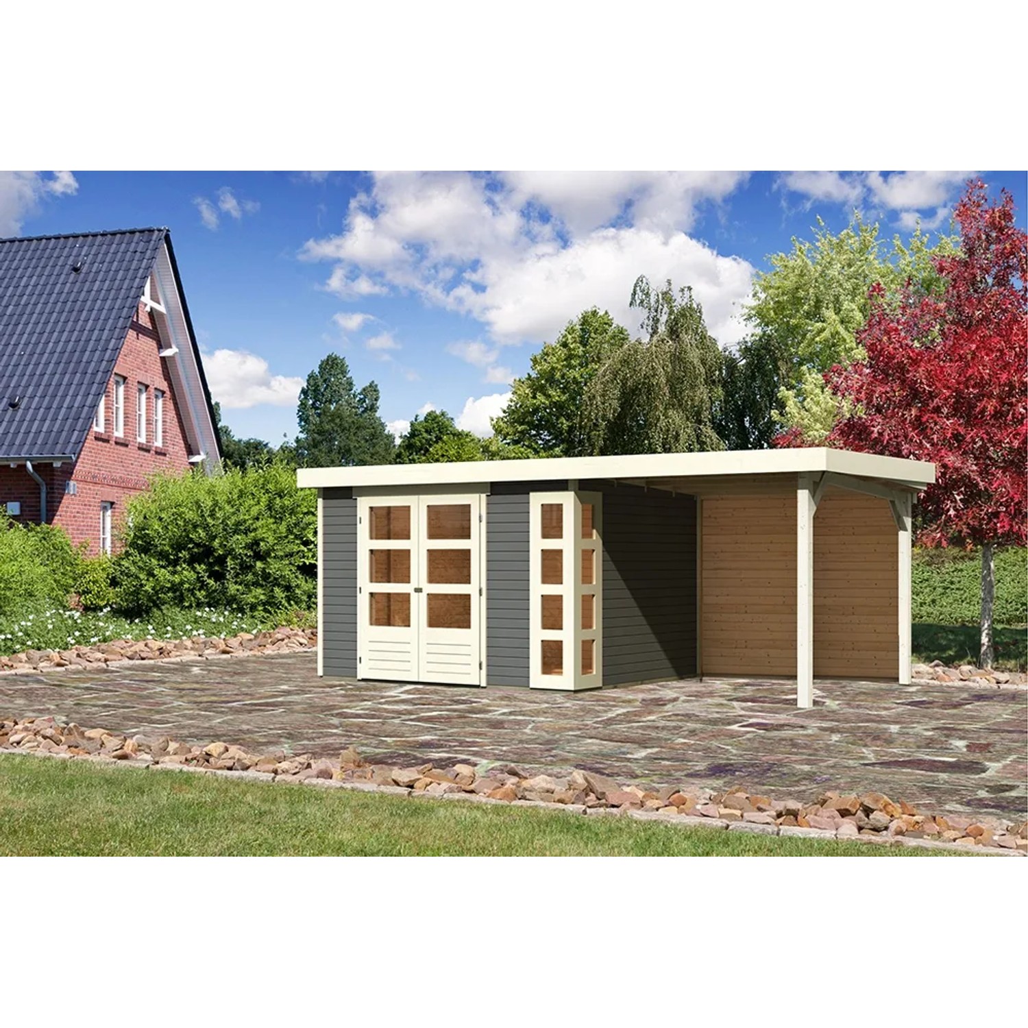 Terragraues Karibu Holz-Gartenhaus Sölve mit Flachdach und Anbau, lackiert, 298x242 cm.