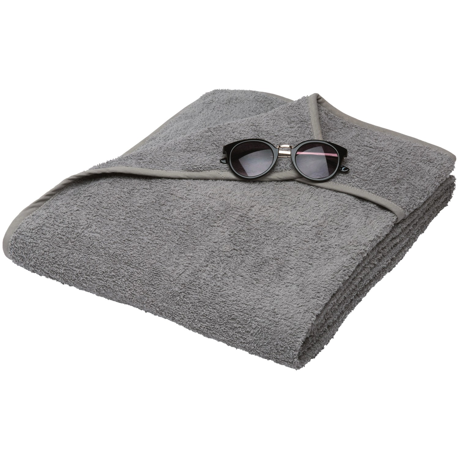 Graues Beautissu Marbella Handtuch (200x70cm) mit Kapuze und Sonnenbrille. Ideal als Liegenauflage.