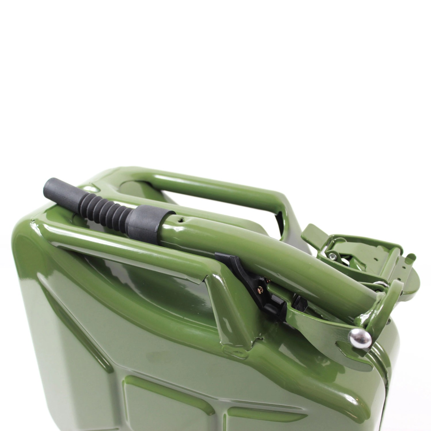 Olivgrüner 10L Metall Kraftstoffkanister mit Ausgießer und Halterung für Pannenhilfe.