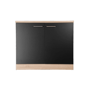 Respekta Spülenunterschrank Merle, 100 cm, Schwarz mit Arbeitsplatte in Holzoptik.