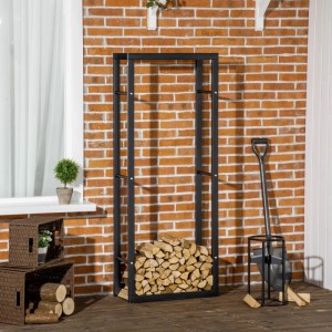HOMCOM Kaminholzregal für Innen und Außen, schwarz, mit Holzscheiten und Schaufel.