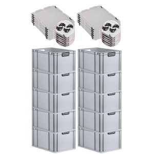 PROREGAL Sparset: 10 graue Euroboxen mit Deckel, 65L, für Lagerung und Transport.