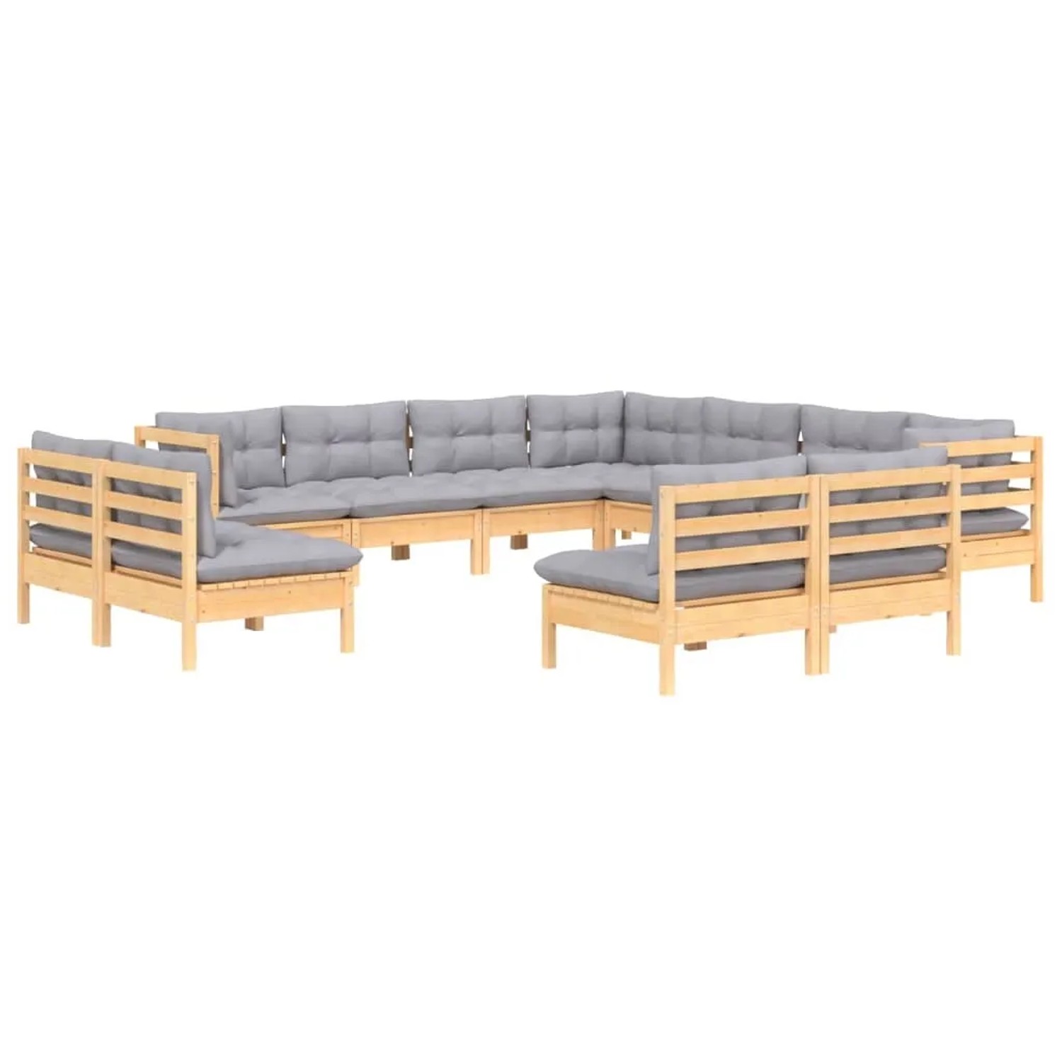 11-teiliges Garten-Lounge-Set aus Kiefernholz mit grauen Kissen. Gartenmöbel für Terrasse und Garten.