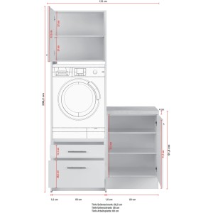 Impuls Küchen Hauswirtschaftsmodul in Kieselgrau mit Maßen und Waschmaschine (schematisch).
