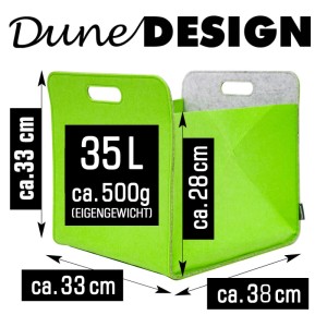 Grüne DuneDesign Filz Aufbewahrungsbox, 33x33x38 cm, 35L. Faltbarer Regalkorb für Kallax Regal, innen hellgrau.