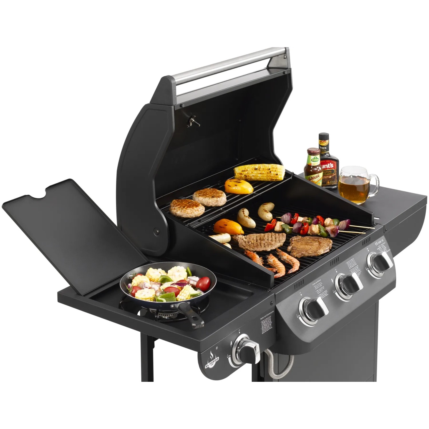 El Fuego Gasgrill Columbus mit 3 Brennern und Seitenkocher, Speisen auf dem Grill.