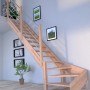 Mykonos Pro Buche Treppe, 1/4 gewendelt links, mit Holz-Edelstahl-Geländer. Offene Bauweise, unbehandeltes Buchenholz.