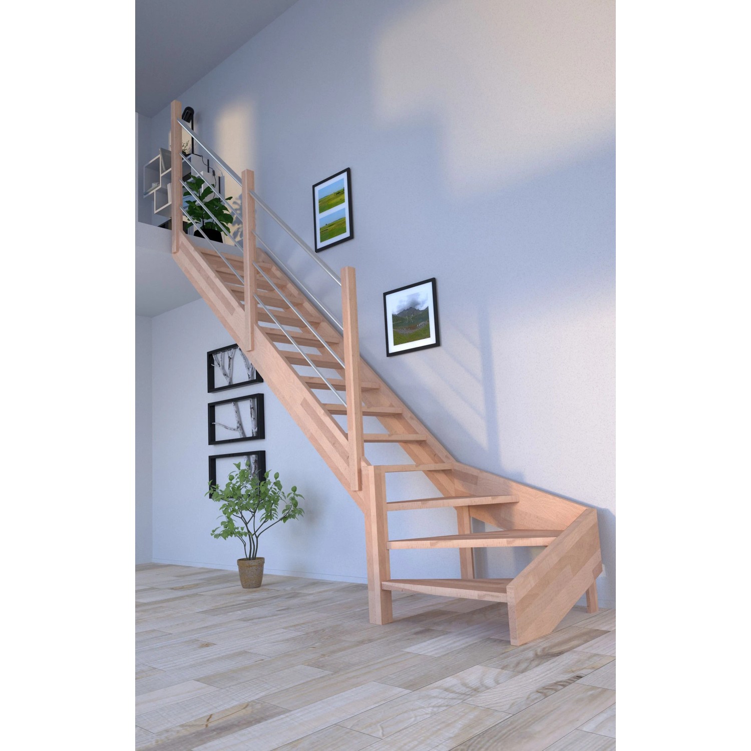 Mykonos Pro Buche Treppe, 1/4 gewendelt links, mit Holz-Edelstahl-Geländer. Offene Bauweise, unbehandeltes Buchenholz.