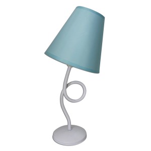 Türkise Design-Tischleuchte Colori mit weißem Metallfuß und Textilschirm, 31,5 cm hoch.