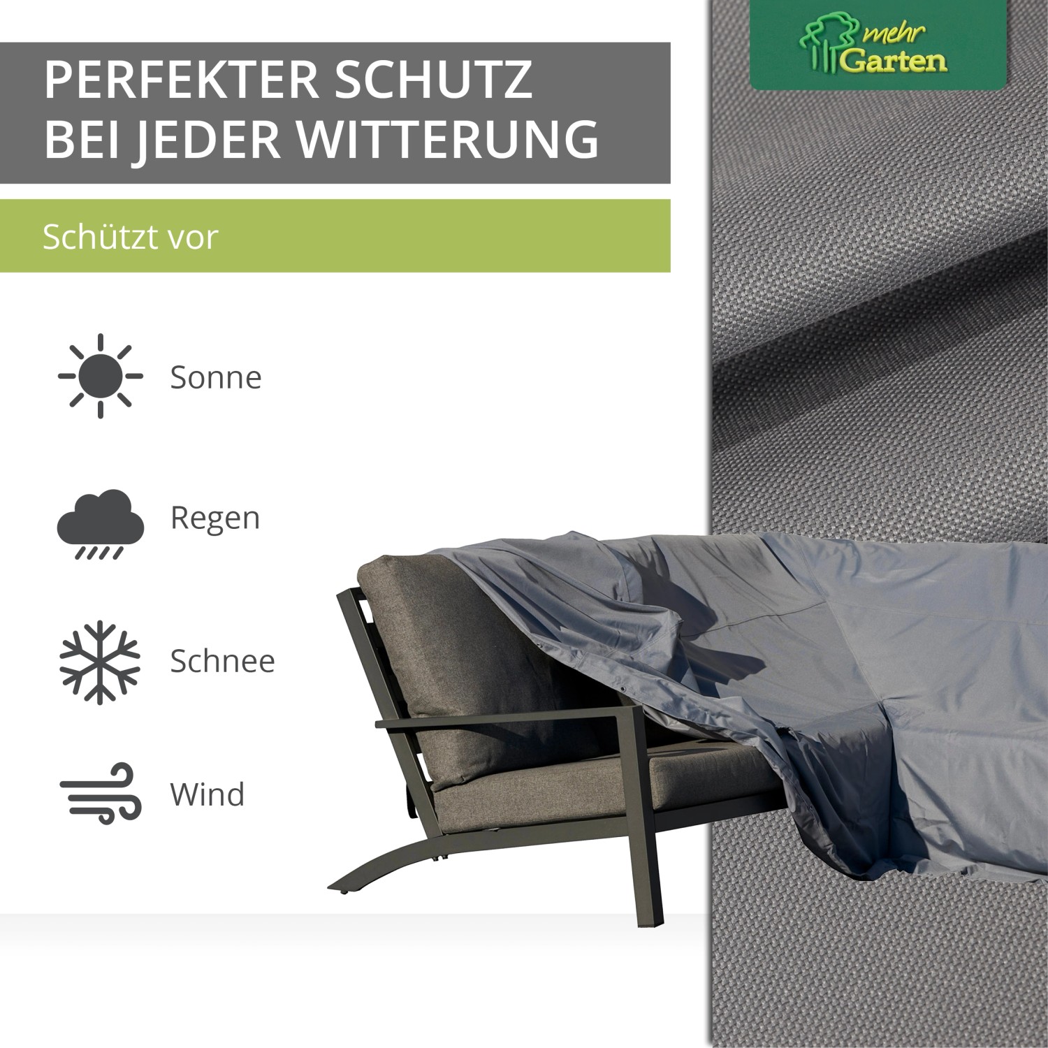 Graue Schutzhülle für Mehr Garten Dining-Lounge-Ecke in L-Form (255x255 cm) schützt vor Wind und Wetter.
