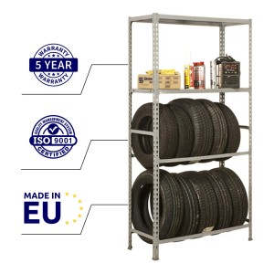 Graues PROREGAL Reifenregal Metal Shark mit 2 Ablagen für 12 Reifen, ideal für Garage und Werkstatt.