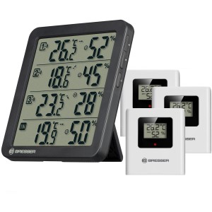 Bresser Thermo-Hygrometer Quadro NV Schwarz mit Basisstation und 3 Außensensoren.