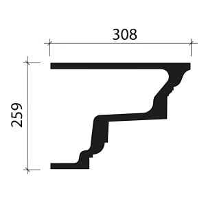 Technische Zeichnung einer weißen PROFHOME Eckleiste/Fassadenprofil (200cm x 30,8cm x 25,9cm) mit Maßangaben.