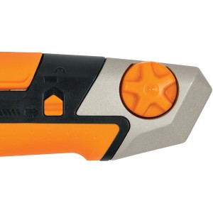 Detailaufnahme: Fiskars CarbonMax™ Abbrechklingenmesser, orange-schwarz, mit Stellrad.