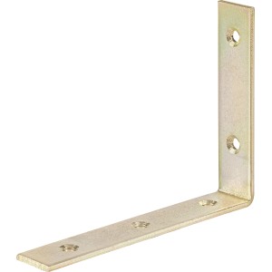 Gelb verzinkter Konstruktionswinkel, 110x150x25 mm, mit Bohrlöchern für Holzkonstruktionen.