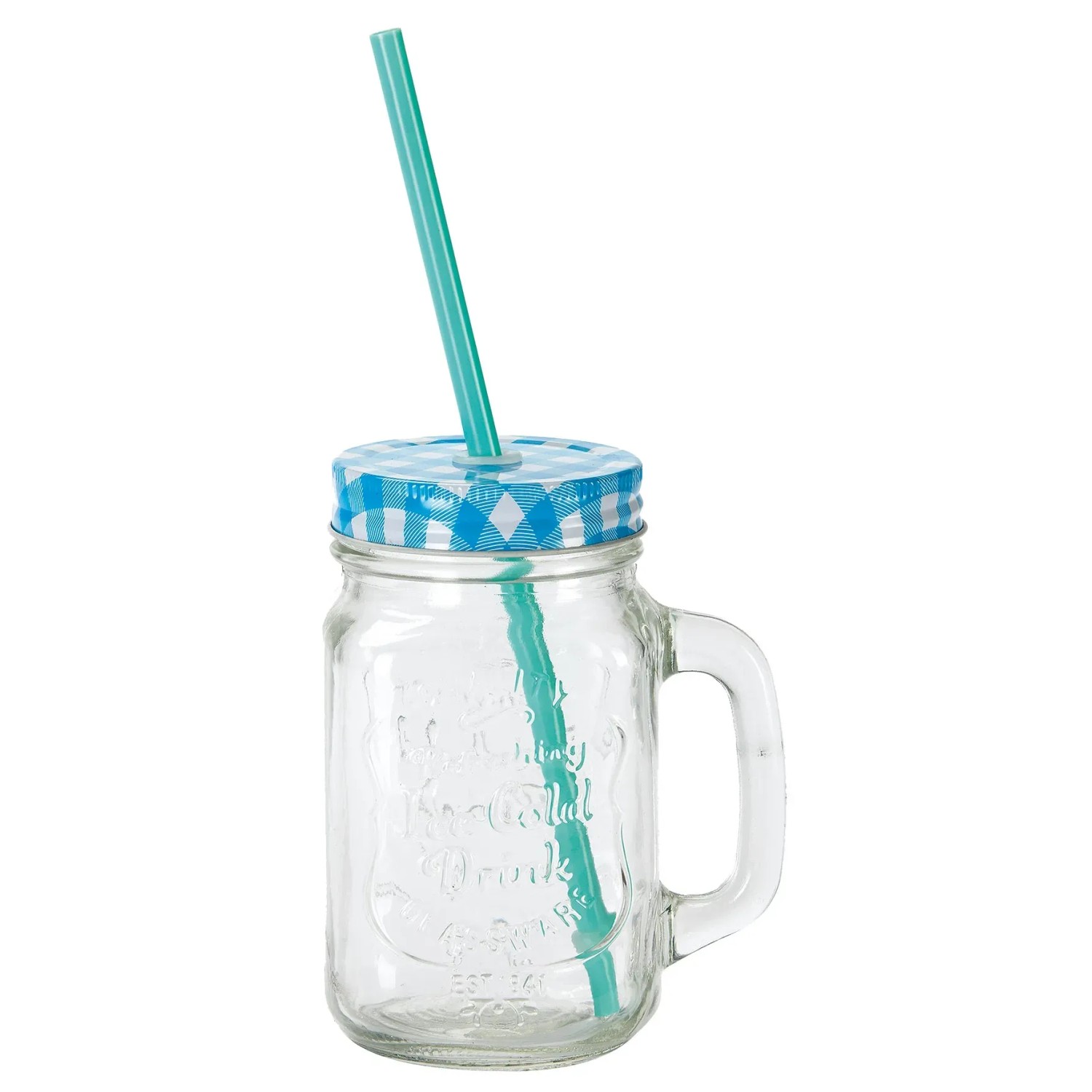Trinkglas mit blau-weiß kariertem Deckel und Trinkhalm, 500 ml, für Lebensmittelaufbewahrung.