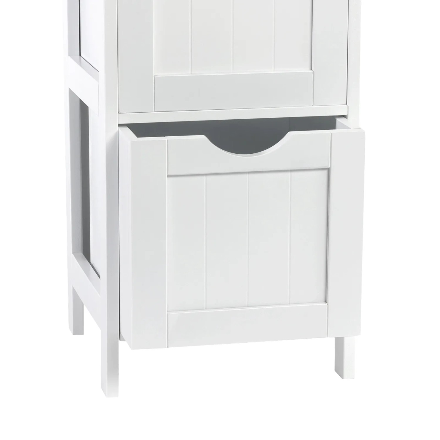 Svita Lintu Badregal, weißes Standregal mit Schubladen in Holzoptik für Badezimmer.