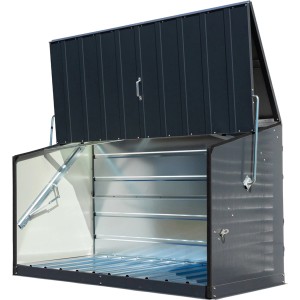 Geöffnete Trimetals Aufbewahrungsbox Storeguard in Anthrazit, ideal für Fahrräder und Gartengeräte.