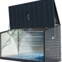 Geöffnete Trimetals Aufbewahrungsbox Storeguard in Anthrazit, ideal für Fahrräder und Gartengeräte.