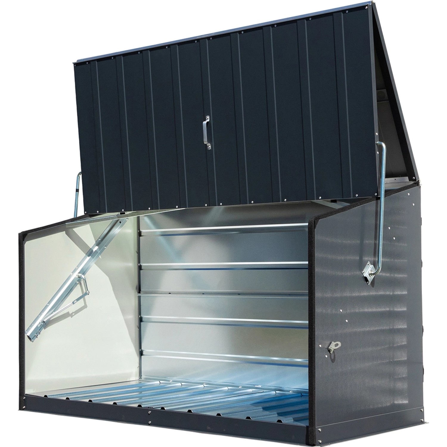 Geöffnete Trimetals Aufbewahrungsbox Storeguard in Anthrazit, ideal für Fahrräder und Gartengeräte.