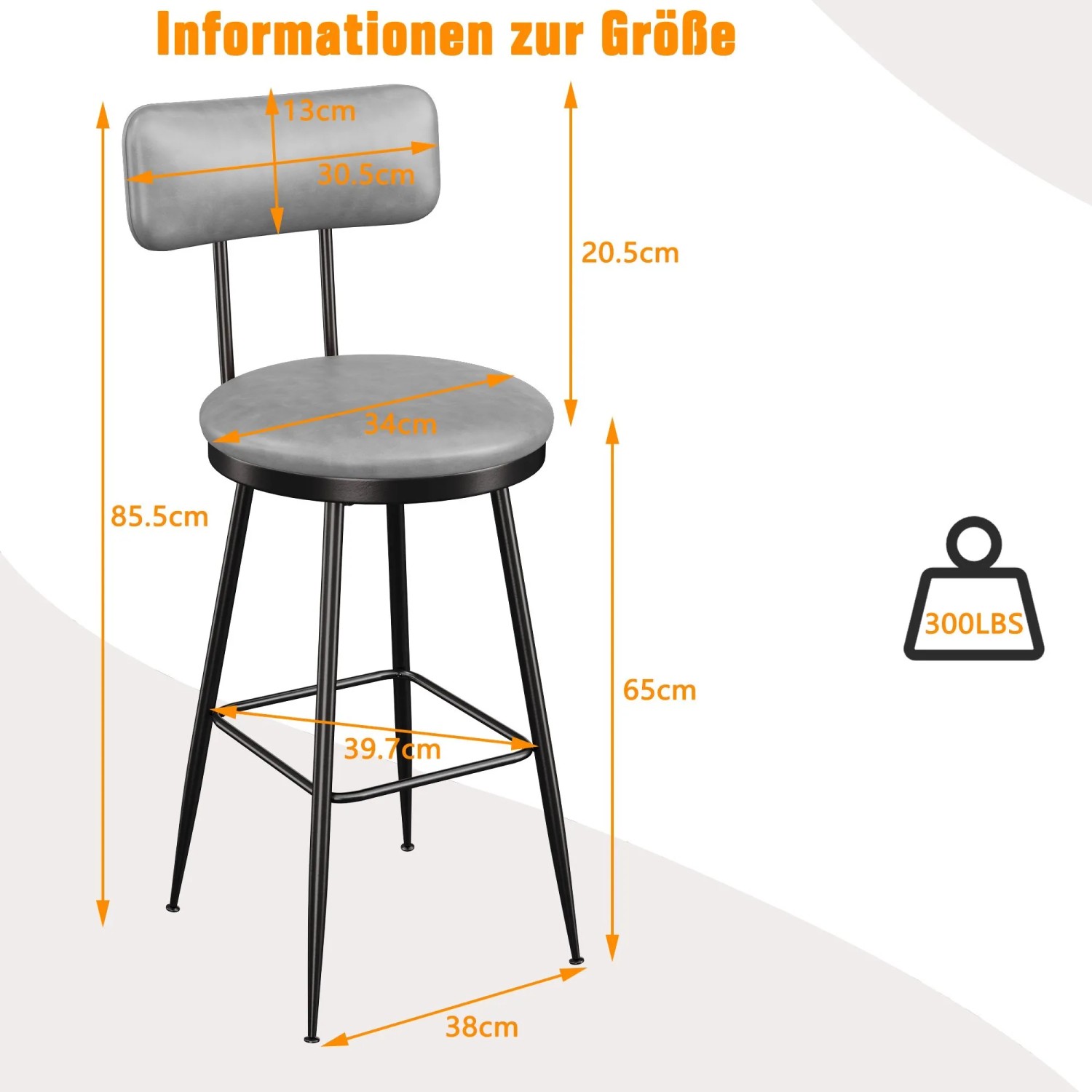 Grauer Barhocker aus Kunstleder mit schwarzem Metallgestell, Fußstütze und Rückenlehne. Maße und Belastbarkeit sind abgebildet.