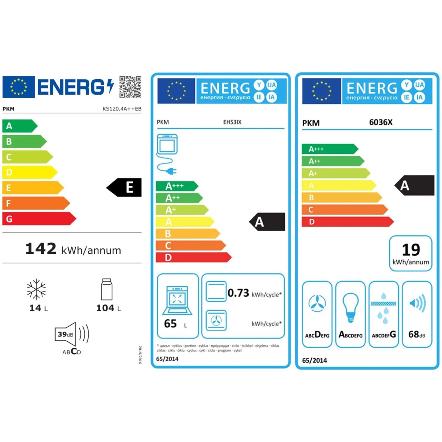 Energieeffizienzlabel der PKM Küchengeräte: Kühlschrank E, Herd A, Dunstabzugshaube A.