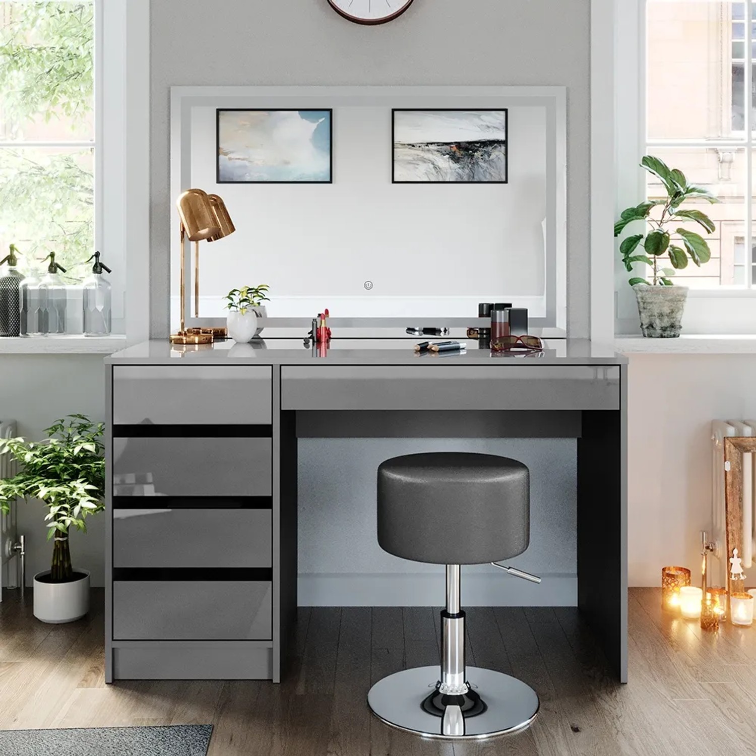 Vicco Schminktisch Sherry Grau 120 cm mit LED-Spiegel und Hocker. Moderner Kosmetiktisch für Schlaf- oder Badezimmer.