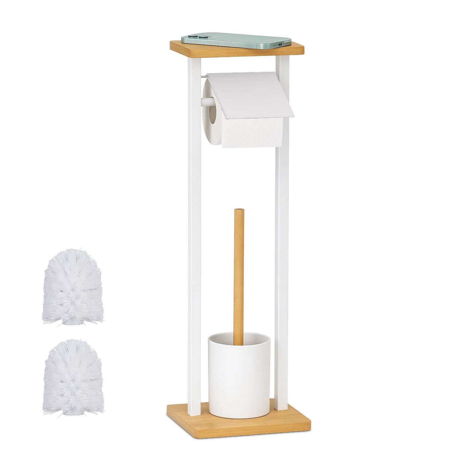 Relaxdays WC-Garnitur Bambus Eisen Weiß mit Ablage Freistehend 73,5 cm x 20 cm x 20 cm 1 kg