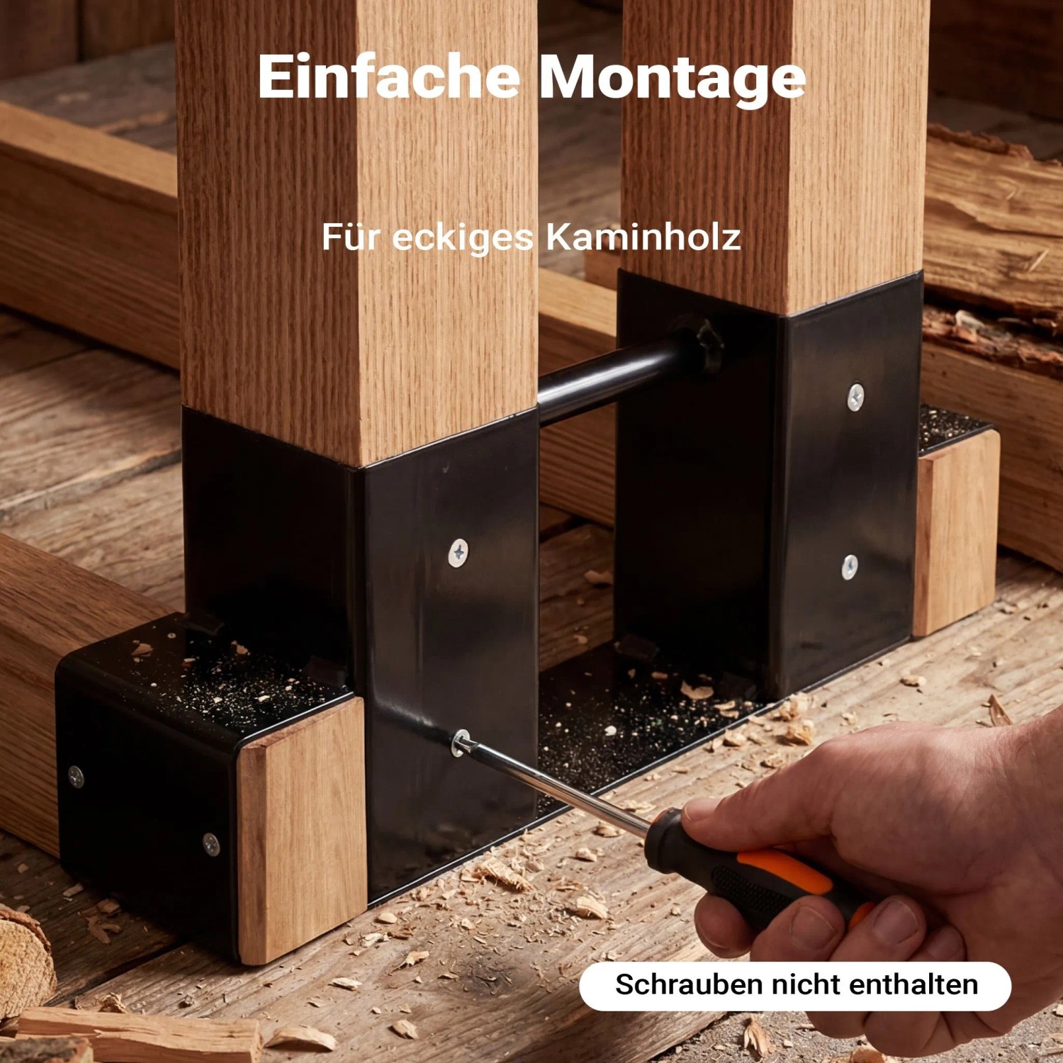 Wiltec Holzstapelhilfe aus schwarzem Stahl wird mit Kanthölzern montiert. Hand schraubt. Ideal für Brennholz & Kaminholz.