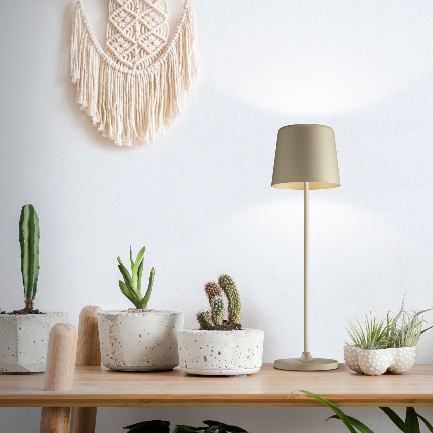 Brilliant LED-Tischleuchte Kaami, 37 cm, Cappuccino Matt, auf Tisch mit Kakteen.