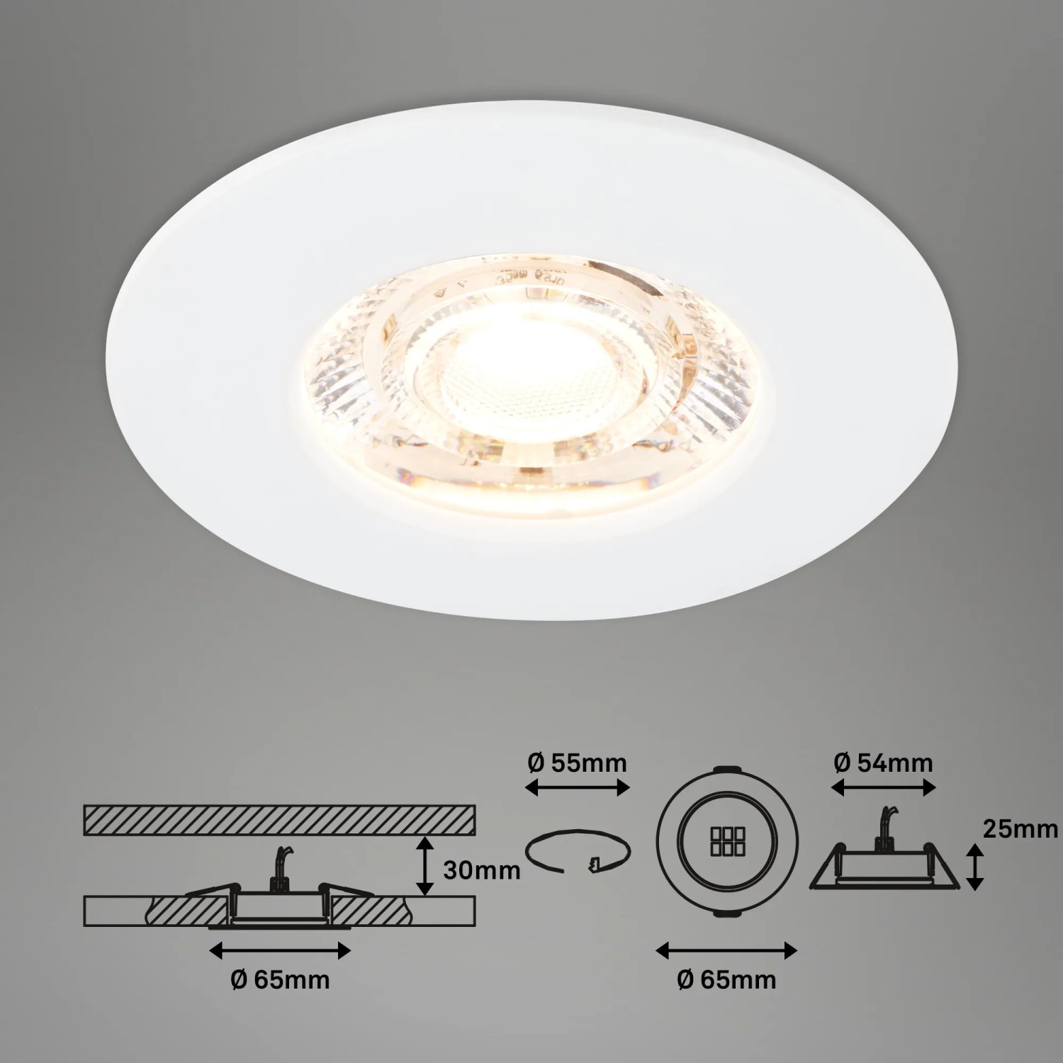 Briloner LED Einbaustrahler, warmweiß, weiß, mit Maßangaben für den Einbau.